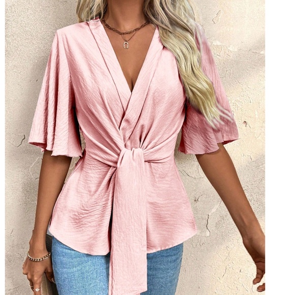 Classic Pink V neck Batwing Sleeve Front Tie Blouse - Picture 2 of 6